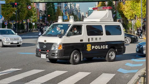 都会の道を行く日本の警察車両