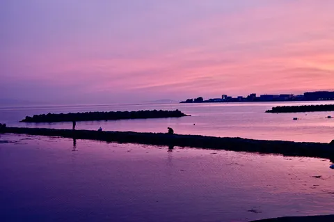 夕暮れの水面と静かな影