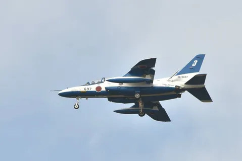 低空を滑る青と白の機影