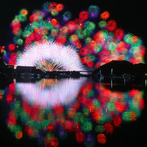 夜空に咲く光の花、水面に映る幻想世界