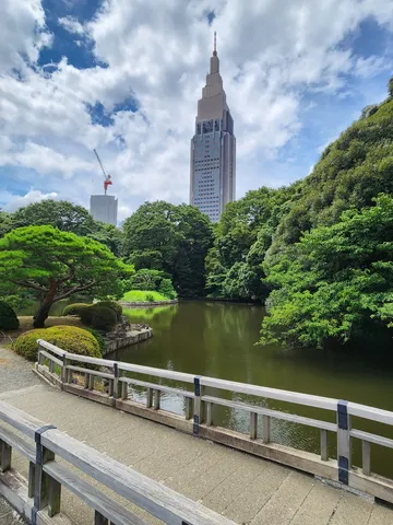 庭園を抜けて、見上げる高層ビル