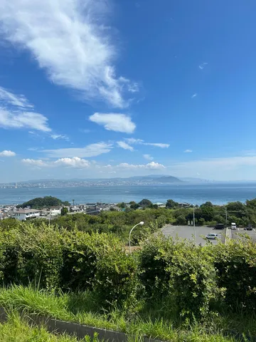 初夏の海辺に広がる緑と青のグラデーション