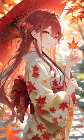 秋光に映える紅葉の和装美