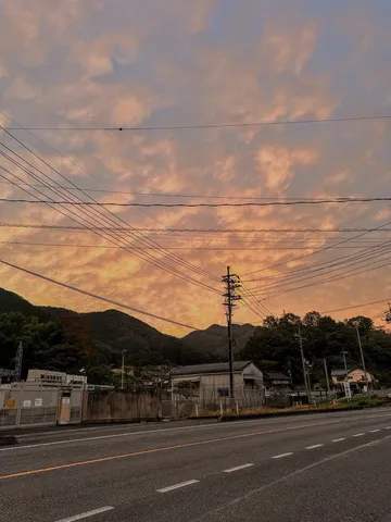 茜色の空と電線の風景