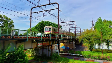 青空の下、鉄橋を走る列車