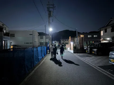 夜の道、街灯の下の仲間たち
