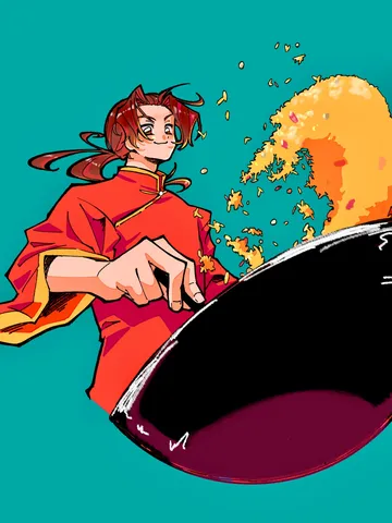 中華鍋から炎が立ち昇る！