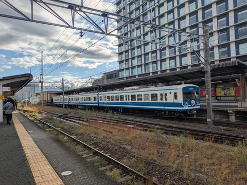 青と白の列車が行き交う駅