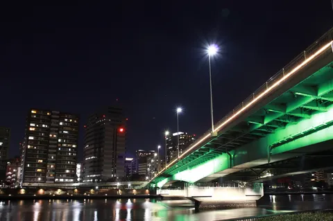 緑光を渡る夜の橋