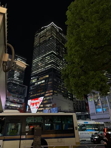 都会の夜景とバスの出会い