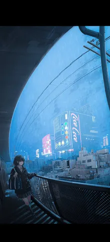 雨の都市と青いネオン
