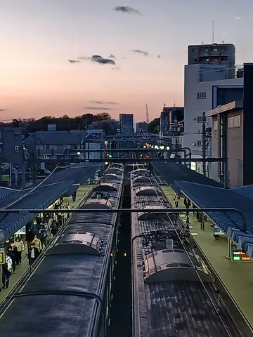 夕映えの駅、行き交う人々