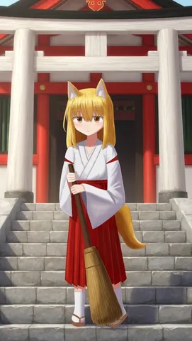 境内を清める狐耳の巫女