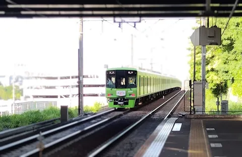 陽光に輝くグリーンの列車