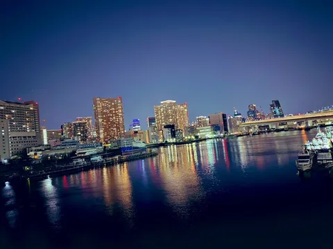 水面に広がる、都会の灯り