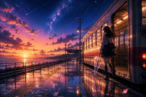 星降る夕焼けの駅ホーム