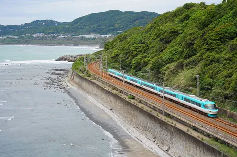 潮風と緑のコントラスト、疾走する列車