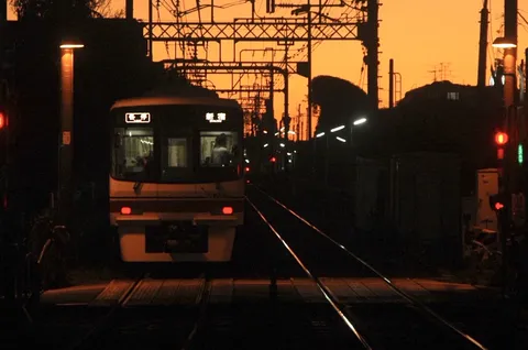 夕焼けに浮かぶ電車