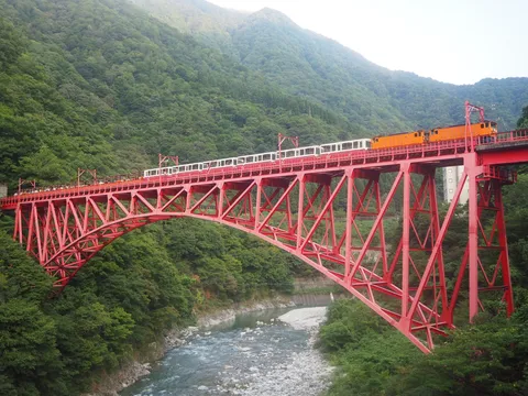緑の谷を渡る赤い列車