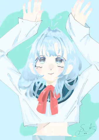 幻想的な水色ショートヘアの巫女さん