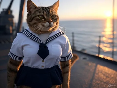 セーラー服の猫、夕陽と船旅