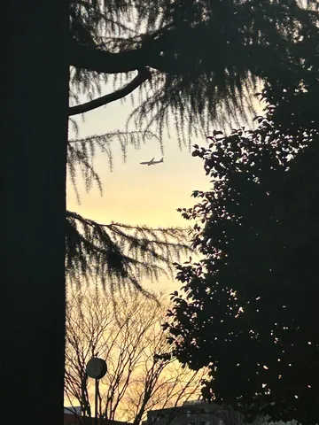 夕暮れの空と飛行機雲