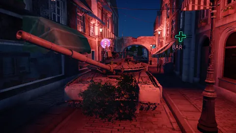 夜の街と戦車の光跡