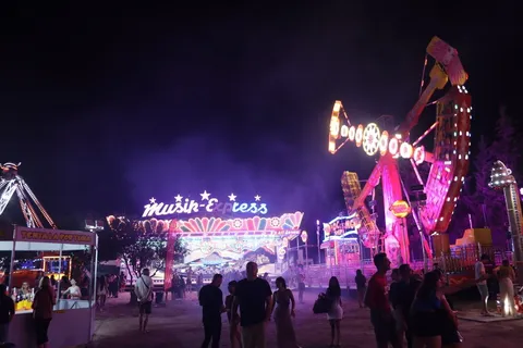 夏の夜の遊園地、光と音のシンフォニー