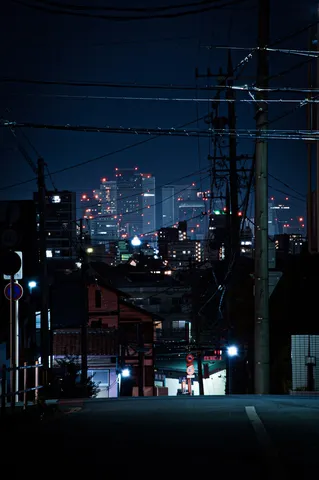 電線の向こうの都会の灯り
