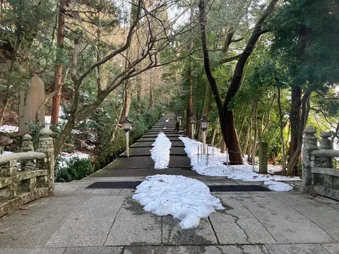 雪化粧の参道、凛とした静けさ