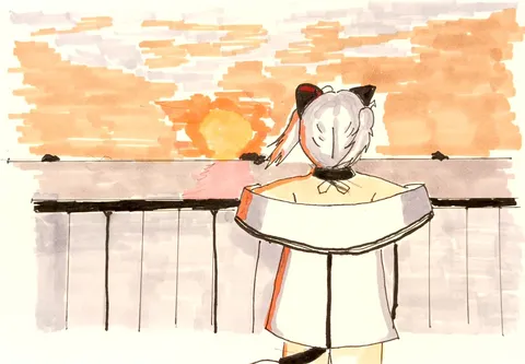 猫元パトと夕焼けの海