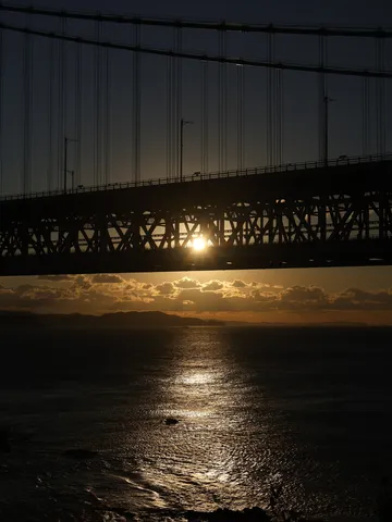吊り橋の網目から覗く夕日