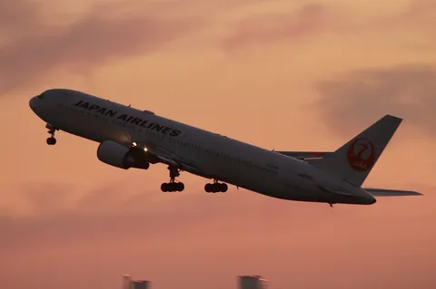 夕空を駆けるJAL機