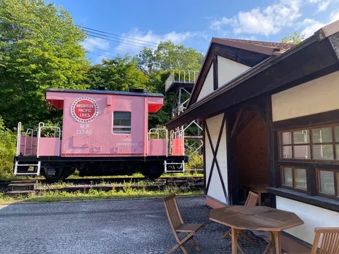 レトロな鉄道風景、ピンクが映える