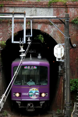 トンネルから現れる紫色の電車