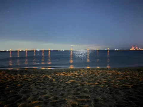 夜の海辺、光の道