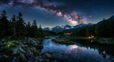 星降る夜の渓流と山小屋
