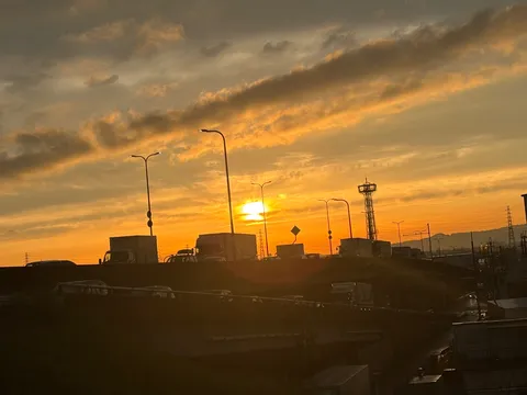 夕暮れに佇む信号機とタワー