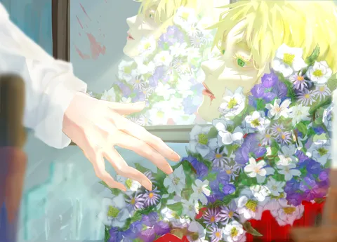 花に包まれた、憂いを帯びた横顔
