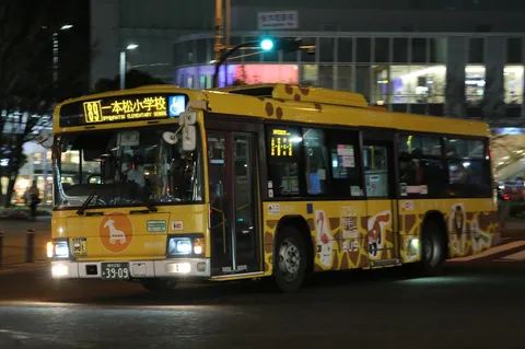 夜を彩る動物柄のスクールバス