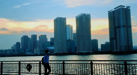 夕陽に染まる摩天楼