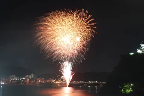 花火が照らす水辺の夜景