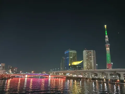 夜景と水面に映る光のアーチ