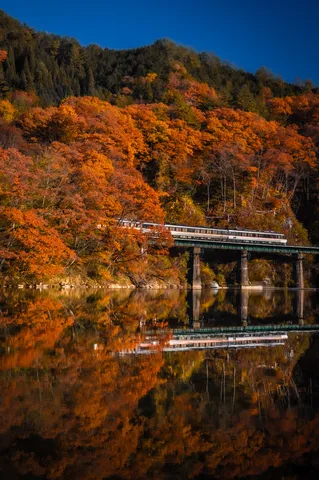 水鏡に映る列車の情景