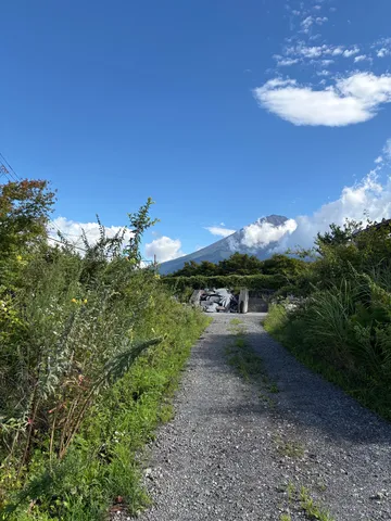 山頂を隠す雲と、雑草の道