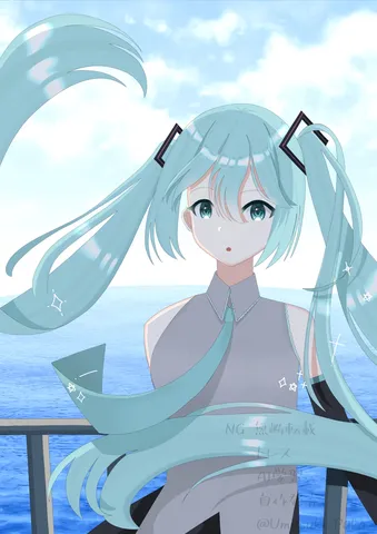 青い空と海、ミクの風になびく髪