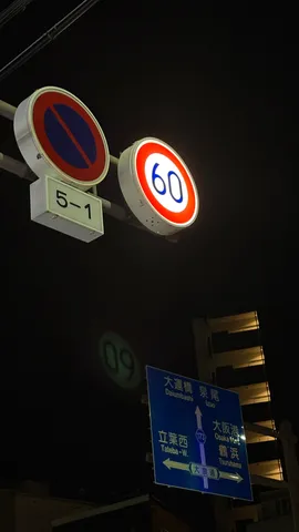 夜の道路標識、60km/hと駐車禁止