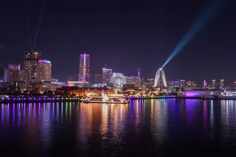 光が舞う港の夜景