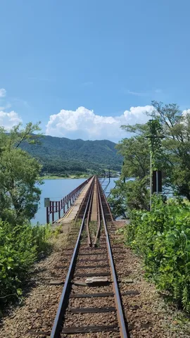 夏空の下、水辺を渡る鉄路