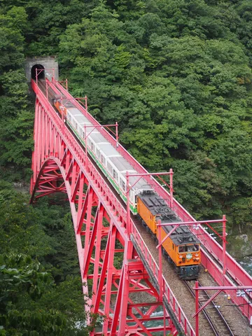 赤い橋を渡る列車の風景